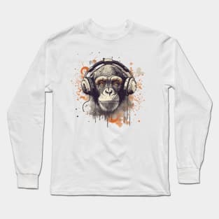 Monkey with headset listening music Long Sleeve T-Shirt